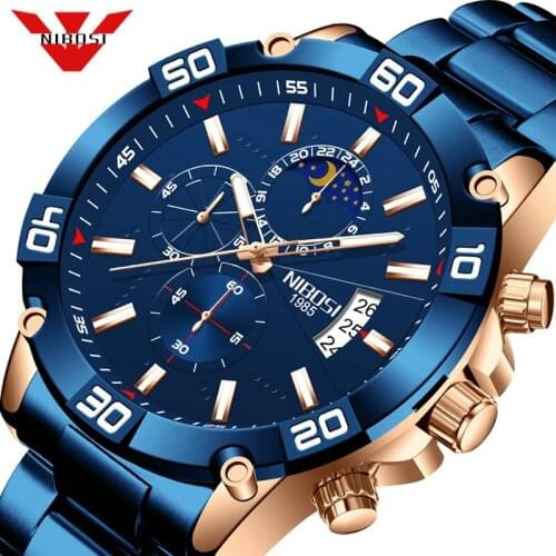 NIBOSI 2021 Fashion Watch for Men Blue Mens Watches Top Brand Luxury Sport Chronograph Waterproof Quartz Watch Relogio Masculino