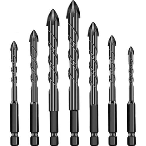 7-Piece Set Hexagonal Shank Spiral Groove Cross Ceramic Glass Concrete Drill Bit, Alloy Triangle Twist Drill 3/4/5/6/8/10/12MM