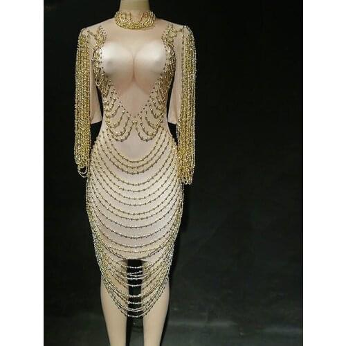 2020 New Women Sexy Dress Gold Pearls Sparkle Rhinestones Nightclub Birthday Party Stage Wear Dancer Singer Dance Costumes DJ DS