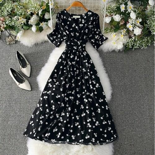 Black Cherry Printed Dress with Sashes Summer Women V-Neck Flare Sleeve Cottagecore Dress Korean Fashion Elegant Pink Love Robe