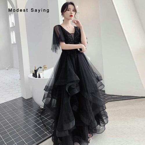 Luxury Black A-line V Neck Beaded Lace Ruffled Evening Dresses 2020 Short Sleeves Party Prom Gowns robe de soiree New Arrival