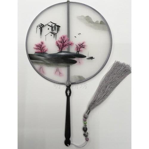 Round Fine Chinese traditional Fan Handmade Double Suzhou Embroidery Fan Ebony Handle Decorative Mulberry Silk Fan Luxury Gift