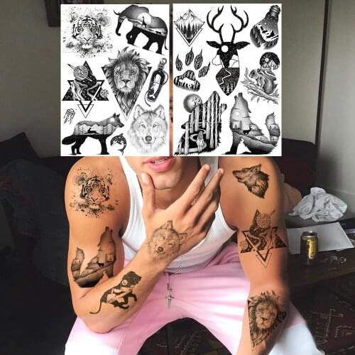 Black Lion Wolf Temporary Tattoos For Women Men Tiger Forest Elk Universe Fake Tattoo Mountain Body Art Armband Tatoo Waterproof