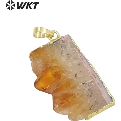 WT-P969 Wholesale Natural slice yellow crystal stone pendant,gold color stone pendant for women