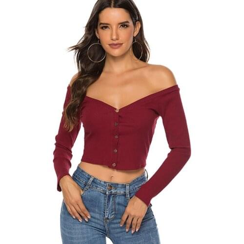 2020 New Long Sleeve Off Shoulder Button Solid Color Backless Top Slash Neck Short T Shirt Female Tee Sexy Women T Shirt