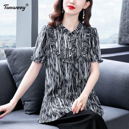 Fashion Women Spring Summer Style Chiffon long Blouses Women Casual short Sleeve Plus Size Print Loose Shirt Elegant Women Tops