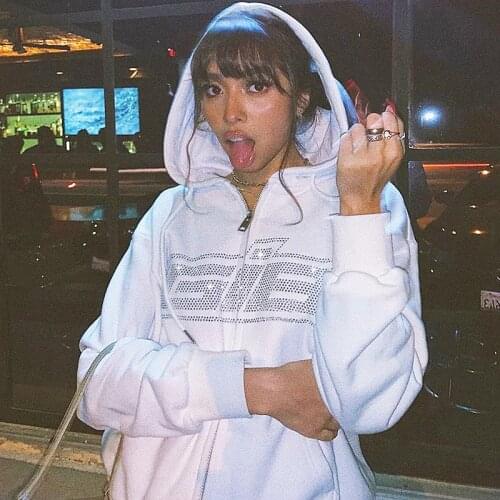 Fashion Rhinestone Letter Print Women Sweatshirt Hoodies 2021 Autumn Casual Oversize Zipper Jacket Long Sleeve Female Sweatshirt