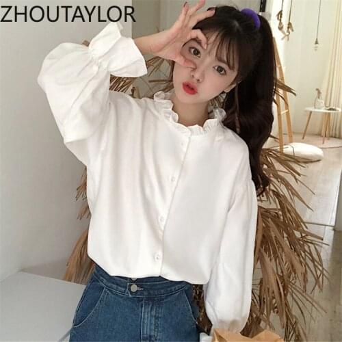 ZHOUTAYLOR Women Shirts Office Lady Ruffled Collar Full Flare Sleeve Blouses Femme Single Breasted Straight Autumn Tops Female