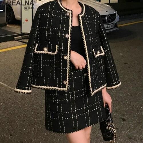 European Style Autumn Winter 2 Piece Set Women Short Woolen Tweed Jacket Coat & Bodycon Mini Skirt Set Women Two Piece Outfits