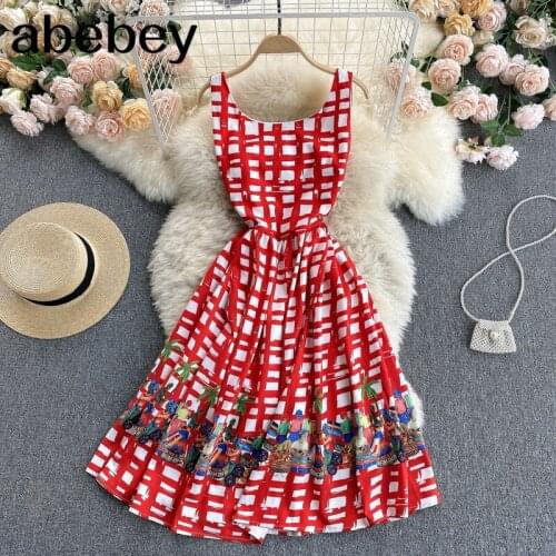 Women Retro Print Plaid Tank Dress Korean Sleeveless O Neck Casual Loose Dresses 2021 Summer Fashion Vacation Midi Dress