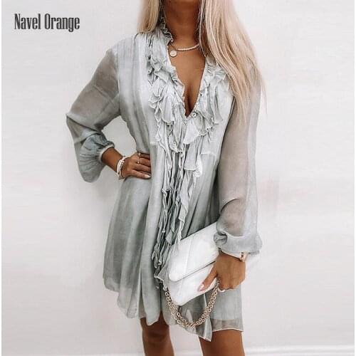 2021 Summer Women Beach Style V-Neck Full Sleeve Mini Dress Solid Ruffles Sweet Ladies Dress Loose Elegant Female Dress Vestidos