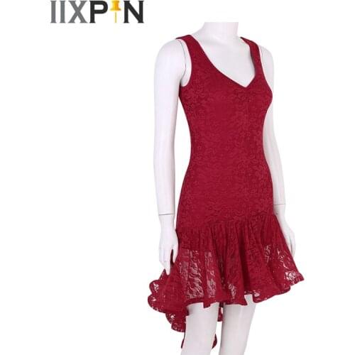 Women Latin Dance Dress Scoop Neck Sleeveless Ruffled High Low Samba Ballroom Dance Costume Lace Dance Dress Practice Dress
