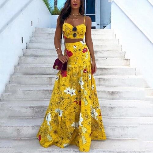 2021 Temperament Commuter Hot Selling Women Summer Floral Print Two-Piece Maxi Dress Two Pieces Set For Woman