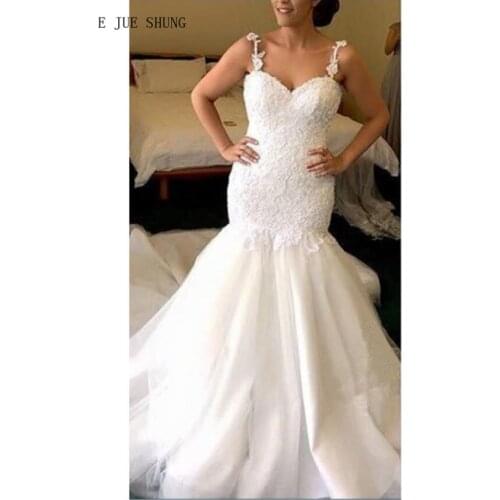 E JUE SHUNG White Backless Mermaid Wedding Dresses Spaghetti Straps Lace Appliques Wedding Gowns Bride Dress vestidos de novia