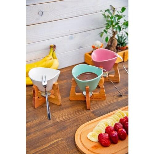3 pcs Ceramic Chocolate Fondue Set with fork candle Premium tea light porcelain melting pan White Porcelain Bowl Fondu Fork ahşa