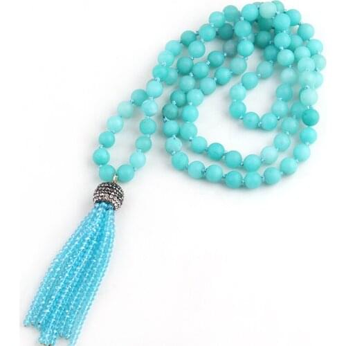 Free Shipping Artisan Jewelry Halsband Long Knot Blue Stones Bead Tassel Necklaces