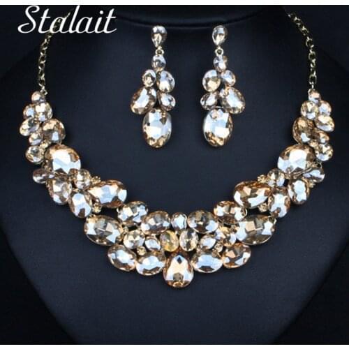 Shining Luxury Oval Champagne Crystal Gold Color Chain Necklace Earrings Bridal Jewelry Set For Women Charm Jewelry