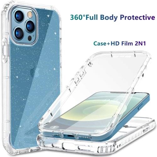 For iPhone 12 Mini 11 Pro Max X XS 7 8 Plus SE Case Luxury Glitter Bling Transparent Cover 360 Full Body Protective Phone Coque