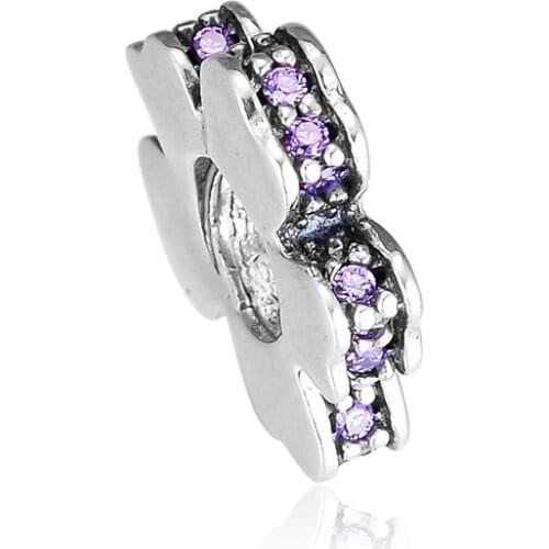 CKK Silver 925 Jewelry Fits Pandora Bracelets Wildflower Meadow Spacer, Lilac Crystals Charms Original Beads