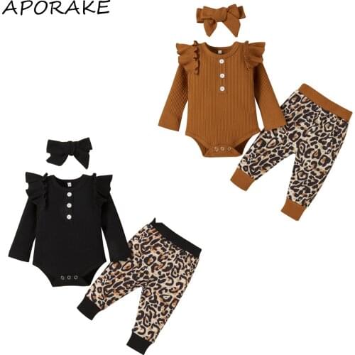 2021 0-18M Infant Baby Girl Clothes Solid Color Ruffle Button Long Sleeve Romper+Leopard Print Pants+Headband Spring Autumn 3pcs