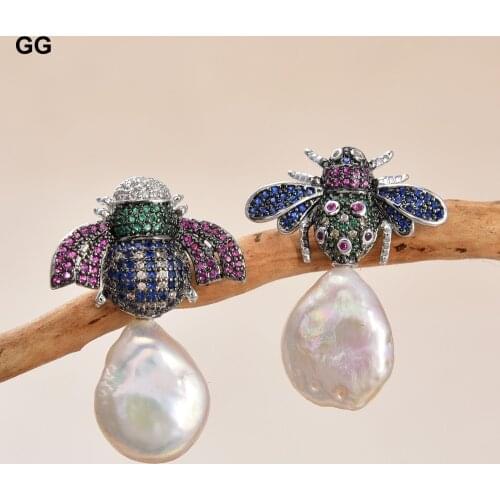 GuaiGuai Jewelry Natural White Coin Keshi Pearl White Gold Plated Battle CZ Stud Earrings For Women