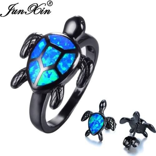 JUNXIN Female Blue & White Fire Opal Jewelry Set Turtle Ring & Stud Earrings Sets Black Gold Filled Wedding Jewelry For Women
