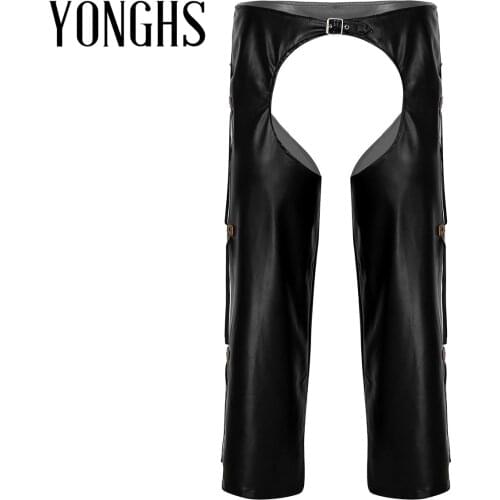 Mens Lingerie Sexy Crotchless Pants Wild West Cowboy Leather Chaps with Fringed Details Buckled Chaps Loose Long Pants