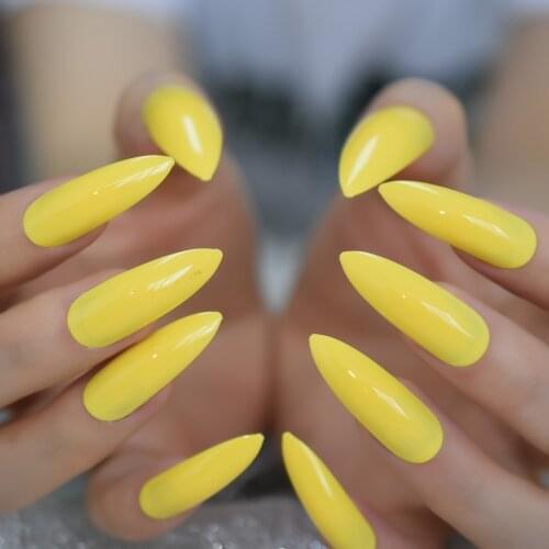 Neon Fluorescent Yellow Press on False Nails Extra Long Stiletto Pointed UV Gel Glossy Fake Fingersnails Free Adhesive Tapes
