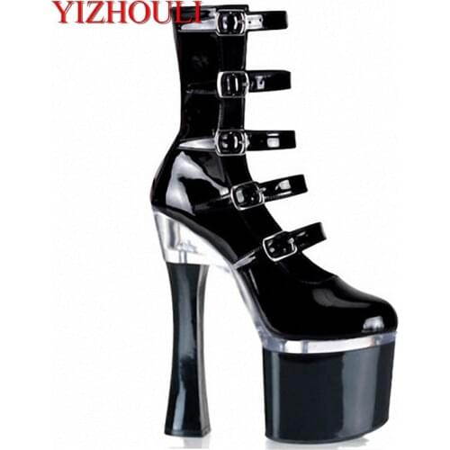18cm New Arrived Cool Women Up Ankle Boots Faux Leather Pumps Studded Buckle Thick High Heel Shoes Dancing Shoes