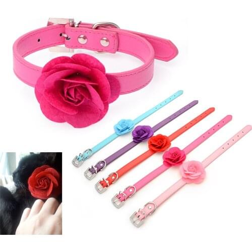 PU Leather Dog Collar Cute Rose Flower Pet Necklace Puppy Small Medium Dogs Chihuahua Adjustable Collars Pets Accessories