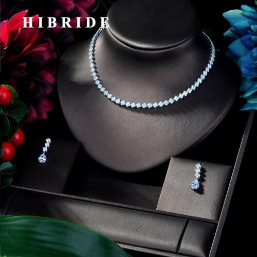 HIBRIDE Stunning Big Carat Round CZ Crystal Necklace and Earrings Luxury Bridal Party Jewelry Set For Wedding Evening N-288