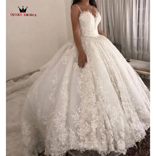 Luxury Empire Sweetheart Fluffy Lace Flowers Crystal Vintage Bridal Wedding Dresses Bridal Gowns Vestido De Noiva RP07