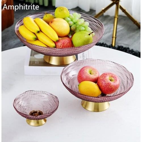 Nordic Clear Crystal Plate Fruit Dish Metal Tray Domestic Kitchen Vegetable Salad Wedding Decoration Plate Dinner Tableware