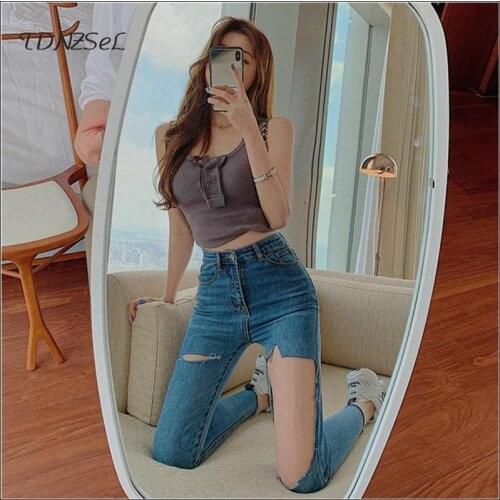 Sexy Hole Skinny Slim Jeans Women Casual Washed Denim Pants Pencil Fashion High Waist Stretch Long Trousers Streetwear Summer
