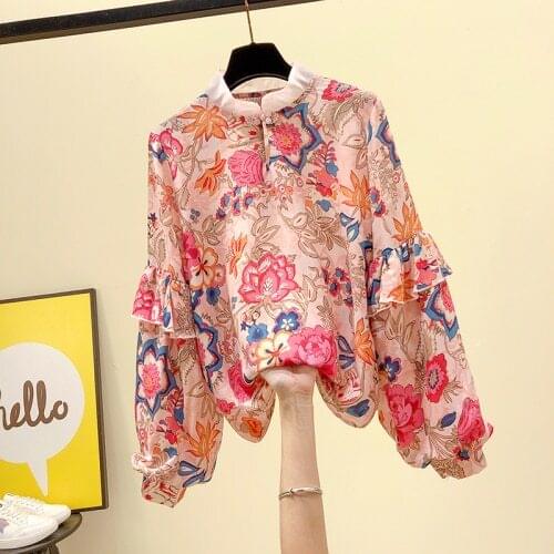 Floral Chiffon Shirt Women Long Lantern Sleeve Printed Pink Blouse Lady 2021 Spring New Cloth Tops Blusas