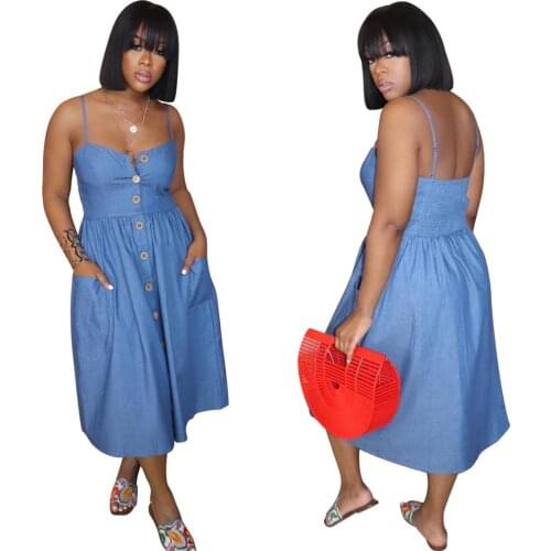 Fashion Women Denim Dress Real Images Spaghetti V Neck Buttons Sleeveless Pleats Pockets A Line Mid Calf Elegant Lady Dresses