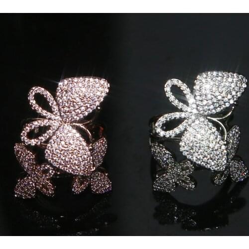 2020New design fashion jewelry high quality paved Pink zircon butterfly ring luxury shiny cocktail party ring for women