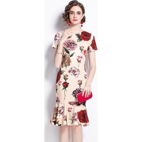 Summer Runway Womens Vintage Floral Elegant Flowers Print Dress Casual High Quality Slim Mermaid Dress Vestido k9007