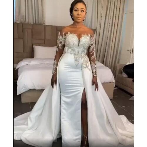 2020 Plus Size Arabic Aso Ebi Luxurious Crystals Lace Wedding Dresses Sheer Neck Mermaid Bridal Dresses High Split Wedding Gowns