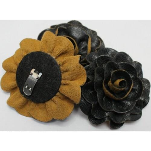 4pairs 7cm Black leather flowers clips, corsage, rose brooch pin,shoe clips, leather hair accessories