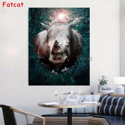5D Diamond Painting Full Drill Round Diamond Embroidery African Wild Rhino Animal Cross Stitch Kit Diamond Rhinestones PP1848