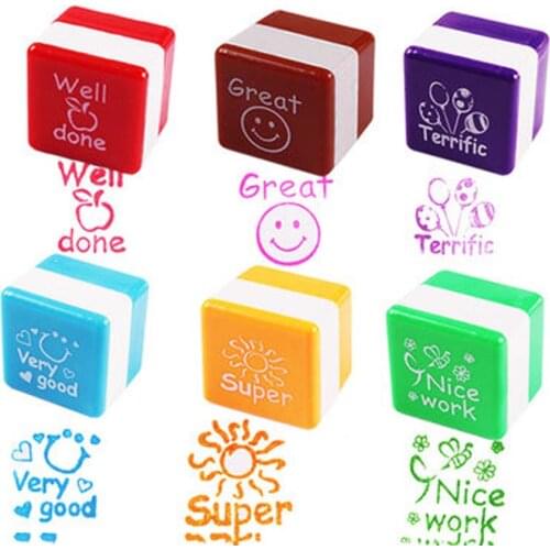 6pcs English Teachers Encourage Stamp Self-Inking Kids Drawing Toy Cartoon Encourage Stamp Toys Birthday Gift for Girls Boys