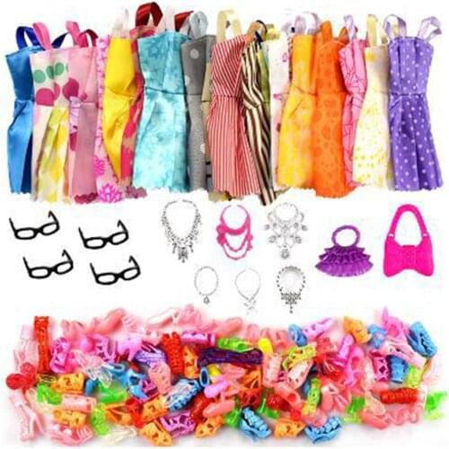 32 Item/Set Doll Accessories=10 Pcs Doll Clothes Dress+4 Glasses+6 Plastic Necklace+2 Handbag+10 Pairs Shoes for Barbie doll
