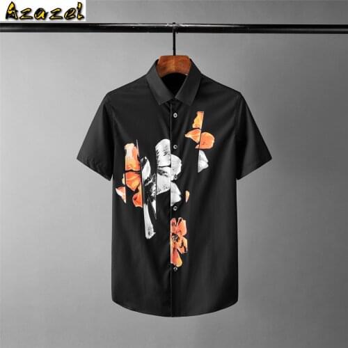 Azazel Black Mens Shirts High Quality Flower Dislocation Printing Short Sleeve Casual Mens Dress Shirts Fashion Slim Man Shirts