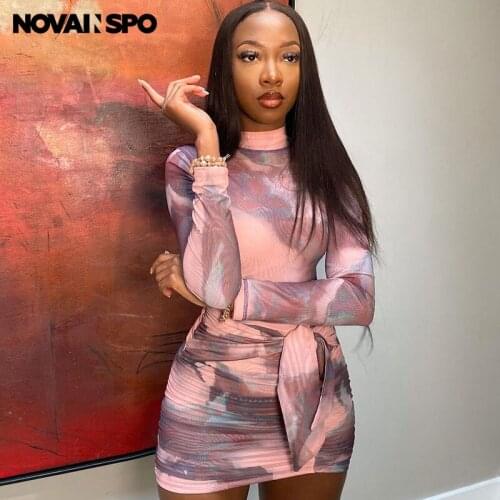 NOVAINSPO O Neck Long Sleeve Printing Bodysuits And Skirts Sets Bandage Ruching Skinny Workout Casual Streetwear Two Piece Set