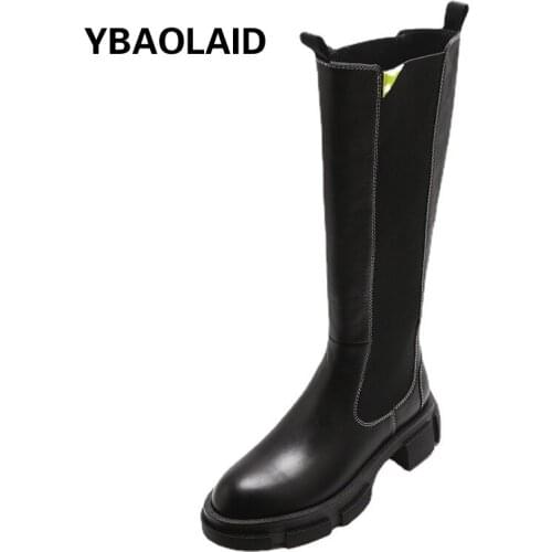 Stitching Elastic Leather Tube Thick Bottom But Knee Boots New Solid Color Round Toe and Velvet Sleeve Mid-heel Knight Boots