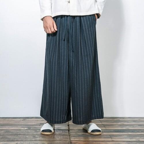 New Chinese Style Male Fashion Loose Comfortable Trousers Cotton Linen Extra Wide Leg Pants Men Drawstring Harem Pants KK3259