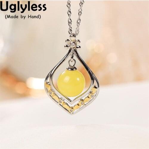 Uglyless Hollow Water Drop 925 Silver Necklaces for Women Dangle Amber Balls Pendants Elegant Lady Dress Jewelry Gold + Chain
