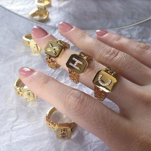 CZ Zircon Initial Letter Rings For Women Adjustable Wide Open Cuff Ring With Watchband Link Chain Vintage Jewelry Anillos Bague