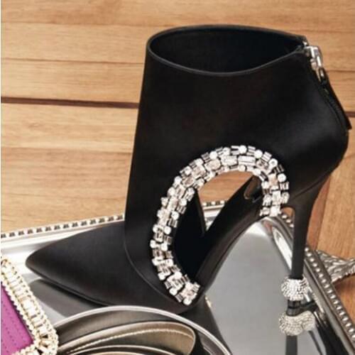 Young Girls Bling Bling Crystal Dress Boots Cut-out Glittering Rhinestone Pumps Unique Stiletto Heels Pointed Toe Satin Boots